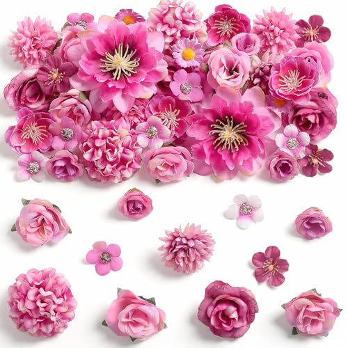 rongflower Mini Artificial Flowers for Crafts, 45 Pcs Rose Red Silk Fake Flowers Assorted Faux Roses Peonies Daisies Bulk for Wedding Decor Graduation Cap Cake Topper Home DIY - color: Rose Red
