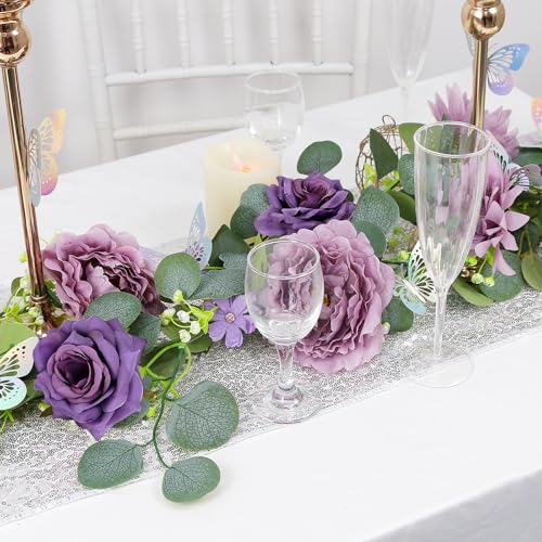 12FT Artificial Eucalyptus Flower Garland with Butterflies - Pack of 2 Fake Rose Garland Faux Greenery Eucalyptus Garlands for Wedding Table Backdrop Centerpieces Decorations - Light Purple & Purple - color: Dusty Purple, size: 2 Pack