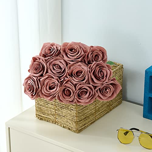 15pcs Dusty Rose Artificial Flowers Roses Fake Silk Flowers Faux Long Stem Artificial Roses for Wedding Party Bridal Show Decorations (VASE is NOT INVLUDED) - color: Dusty Rose