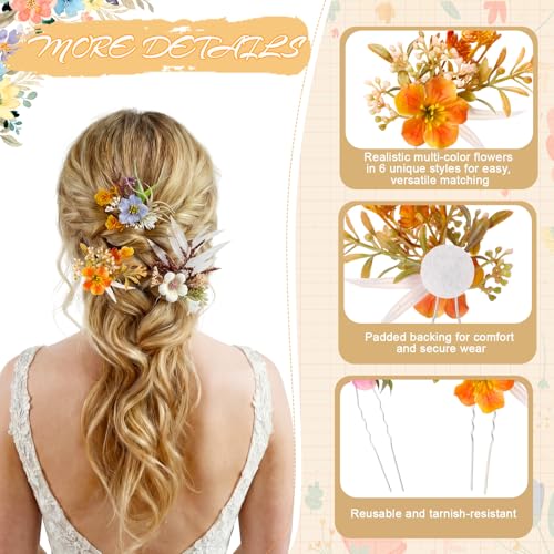 Thiccywoov 6 Pcs Flower Hair Clip, Boho Bride Floral Hair Pin Wedding Flower Accessories for Women Mother Summer Gifts Flamenco Dancer Bridal Wedding Party Supplies Decor (Multicolor) - color: Multicolor, style: Bohemian