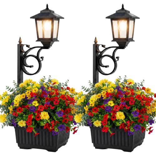 PASAMIC 2 Pack 2 in 1 Outdoor Flower Pots, Solar Lamp Post Lights - Wall Mount or Freestanding, Waterproof Decorative Lamp for Lawn, Patio, Front/Back Door, Warm White - size: 2 Pack