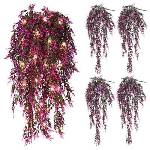 SJL 4pcs Long Fake Plant Faux Hanging Plants Indoor with Lights Artificial Hanging Greenery for Outdoors Ivy Hang Plastic Long Stem Leaves Decor for Wedding Home Office Party Room (Fuchsia) - color: Fuchsia Laven With Lights