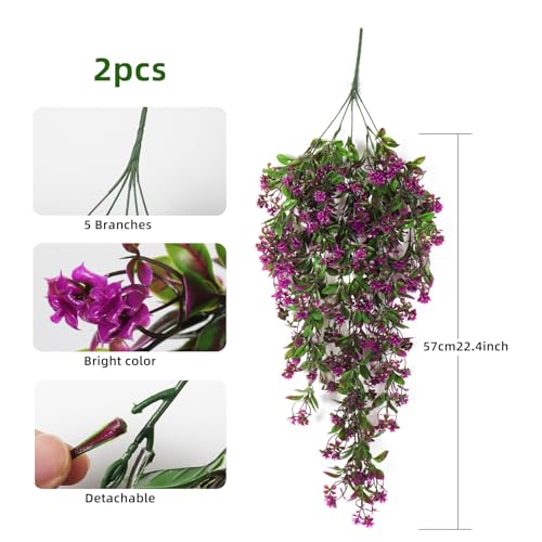 RECUTMS 2Pcs Artificial Hanging Flowers for Outdoor Decoration Fake Hanging Plants Faux Flowers Artificial UV Resistant Plastic Greenery Vines Ivy for Outdoor Indoor Garden Party Decor（Fuchsia） - color: Fuchsia-rose