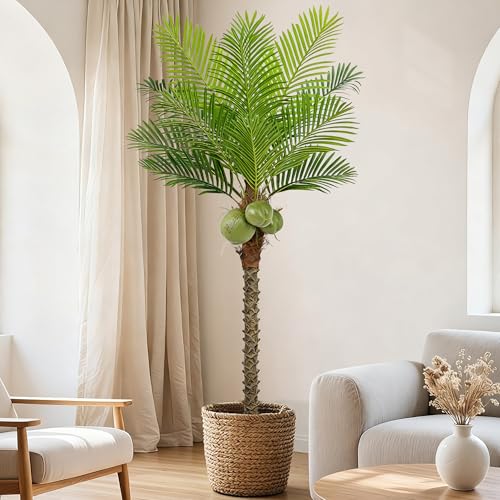 Roselywed Artificial Phoenix Palm Tree 6.5FT with 12 Leaves & 3 Coconut Fruit & Real Bark Tropical Areca Sago Palm Tall Large Faux Plant 78 Inch Black Pot for Indoor Outdoor Home Poolside Mall Decor - size: 6ft 6in