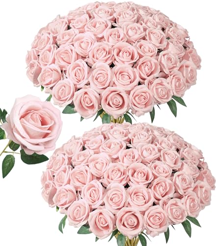 50 PCS Roses Artificial Flowers, Fake Roses with Stem Realistic Blush Silk Rose for DIY Wedding Bouquets Table Centerpieces Arrangements Baby Shower Birthday Home Decor Valentines Day Gift for Her - color: Blush