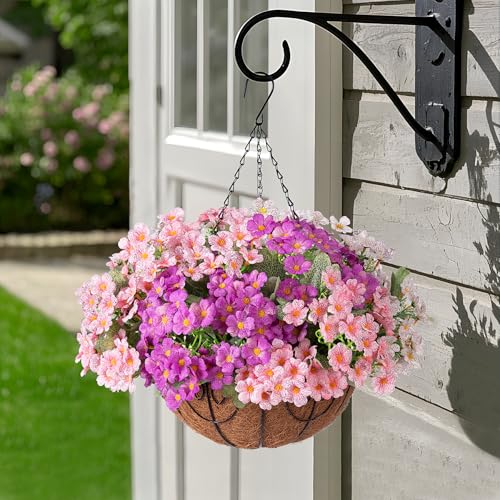 Artificial Fake Hanging Plants Flowers Basket for Spring Outdoor Decoration, Faux Silk Daisy UV Resistant Look Real with Eucalyptus Leaves Summer Decor for Patio Garden Outside(Pink White Purple ) - color: Pink White Purpl
