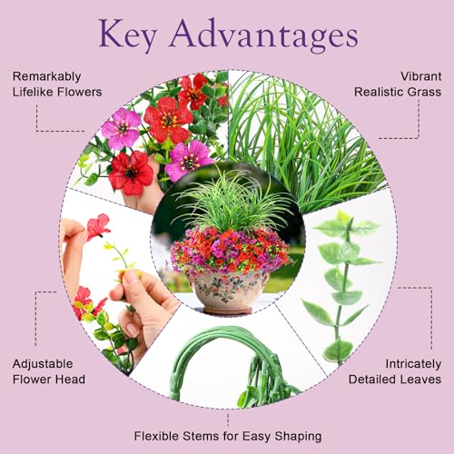 INQCMY Artificial Flowers for Outdoors UV Resistant, 14 Bundles Fake Plants Realistic Silk Flowers with Faux Ferns for Outside Planters Home Porch Patio Garden Back Yard Spring Summer Decoration - color: Light Purple Red