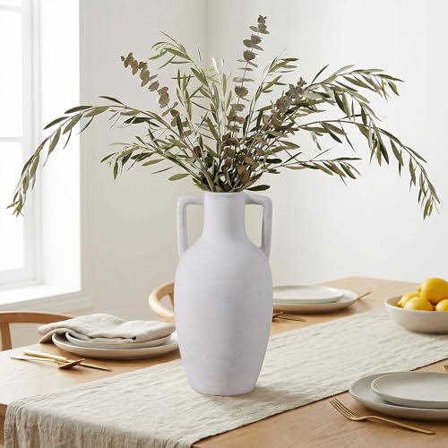 Ceramic Flower Vase with Handles, 12.8 inch Tall Ceramic Vase Farmhouse Rustic Vases Decorative Pottery Vases Large Floor Vase for Home Decor Living Room Table Bookshelf Centerpiece Fireplace, White - color: 12.8 in - White
