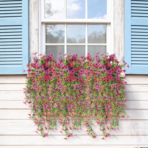 Artificial Hanging Flowers for Outdoors, 2 Pcs Fake Hanging Plant Spring Summer Decor, UV Resistant No Fade Realistic Faux Flower for Front Door Porch Planter Patio Garden Yard(Light Purple Red) - color: Light Purple Red