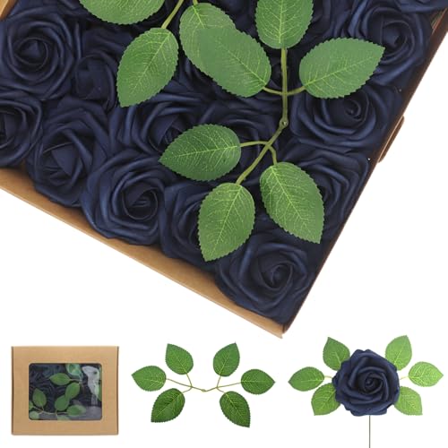 Artificial Flowers Navy Blue Roses 50PCS Real Looking Foam Fake Roses with Leaves and for DIY Wedding Bouquets Bridal Shower Centerpieces Party Decorations (Navy Blue) - color: Navy Blue, size: 50