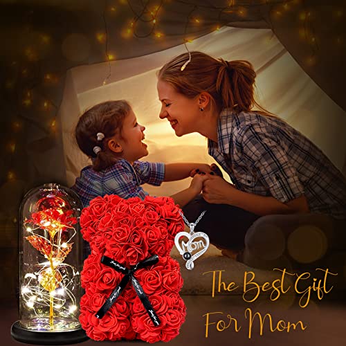 Gifts for Mom from Daughter and Son, Preserved Roses Flowers with I Love You Mom Grandmother Necklace - color: Red Mom