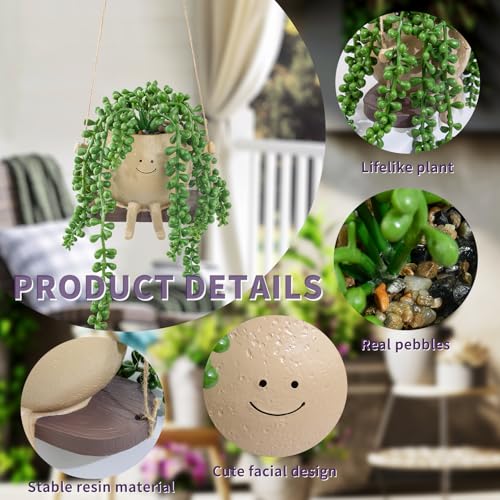 Artificial Hanging String of Pearls Succulent in Cute Smiley Face Swing Planter, Fake Trailing Succulent Plant for Indoor Outdoor Home Wall & Window Decor | Includes Hanging Hook - color: Hanging Succulents