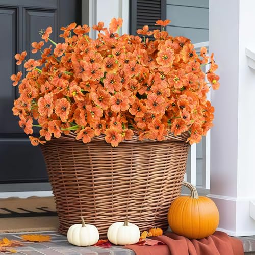 24 Bundles Artificial Fall Flowers for Outdoors, Realistic Fake Mums for Autumn Outside Decoration, Faux Orange Flowers for Planter, Window Box Porch Patio Decor - color: Orange, size: 24PCS