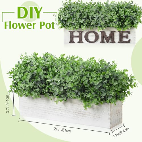 Lyrow 2 Pack Artificial Eucalyptus Plant in Rustic Rectangular Wooden Planter Box Greenery Faux Potted Herb Plant for Indoor Wedding Table Centerpiece (Green,16 x 3.7 x 8.7 Inches,Classic Style) - color: White, size: 16.1 Inch, style: White Powdered Round
