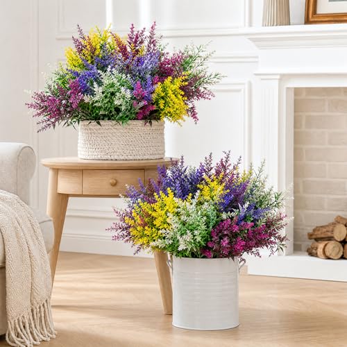 CLEANGOR 8 Pcs Artificial Lavender Flowers for Outdoors (4 Color) | UV Resistant Artificial Outdoor Plants, for Spring Summer Garden, Porch, Patio, Window Box, Home Decoration