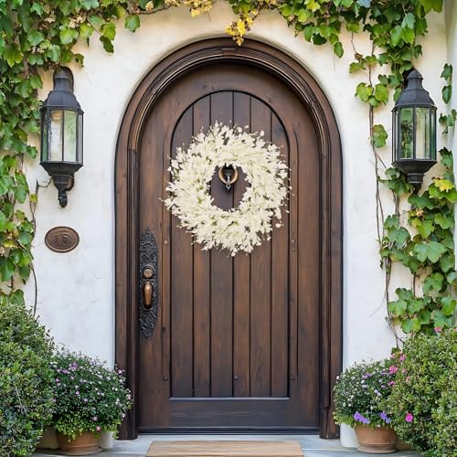 24 Inch Artificial White Forsythia Flower Wreath, Silk & Paper Bridal Floral Wreath for Front Door, Elegant Winter Wedding & Spring Summer Decor, All Season Farmhouse Porch Wall Decor - color: White