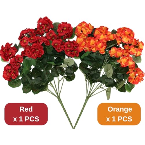 Muhanjia 26’’ Artificial Geranium Flowers for Outdoor Decoration,2PCS Silk Geranium Flowers UV Resistant Floor Plants for Garden Porch Patio Table Centerpieces Home Decor (Red&Orange) - color: Red&orange