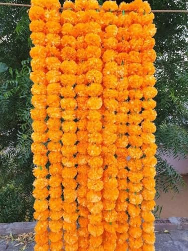 Artificial Marigold Garland for Decoration 5 Pcs of 5 feet Long Strands Artificial Marigold Flowers, Indian Decor for Pooja, Wedding Christmas, Events Decorations (Mango) - color: Mango