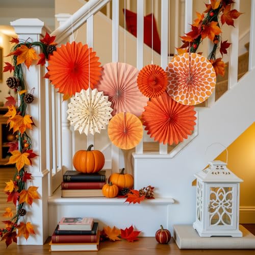 SUNBEAUTY Pack of 7 Hanging Paper Fans Collection Orange Paper Fans Home Party Photo Backdrop Decorations - color: Wd-orange