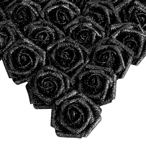 IPOPU Black Glitter Roses, 25pcs Foam Glitter Roses Glitter Flowers Foam Rose with Stem for DIY Wedding Bridal Bouquet Home Party Decoration(Black) - color: Black