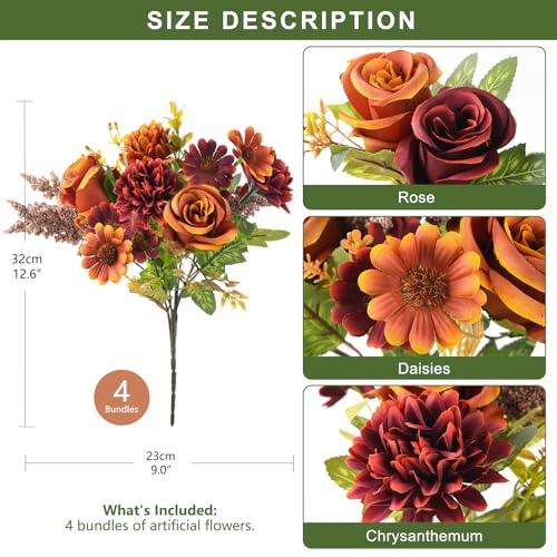 Homsunny Artificial Fake Fall Flowers Centerpieces for Table Decoration, 4 Pcs Faux Silk Flower Arrangements with Mums Chrysanthemum Rose Daisy Floral Bouquets for Home Wedding Party Autumn Decor - color: Orange Brown