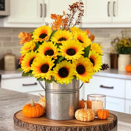 20Pcs Artificial Sunflowers, Realistic Fake Sunflowers with Stems, Faux Silk Sunflower Bouquet Yellow Flowers for Home Kitchen Farmhouse Decor, Fall Table Centerpieces, Wedding Party (10.6") - color: Sunflower