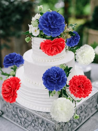 108pcs Carnation Head with Stem, Red Blue White Artificial Carnations Flowers, 3.5" Silk Carnation Fake Flower Arrangement for Patriotic Memorial Bouquet Grave Centerpieces 4th of July Veterans Decor - color: Red&blue&white