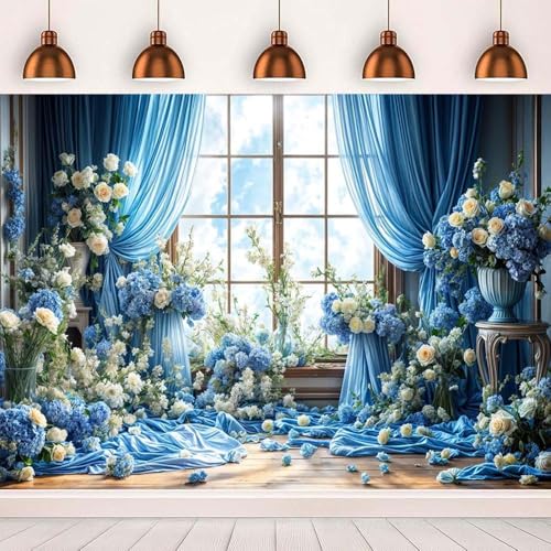 White Rose Floral Blossoms Backdrop Bridal Wedding Flowers Background Anniversary Ceremony Cake Smash Wedding Theme Party Decoration Valentine Kids Adults Woman Mom Photo Backdrop(Blue-2, 5x3feet) - color: Blue-2, size: 5x3feet