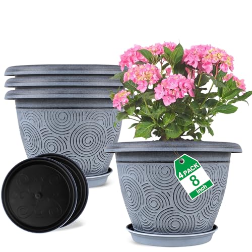Fodetyff 8 Inch Flower Pots Planters for Indoor Outdoor Plants, 4 Pack Plastic Small Plant Pots with Drainage Hole & Tray, Modern Decorative Garden Pot with Saucer, Plant Container for House - color: Blue, size: 8 inch-4 pack