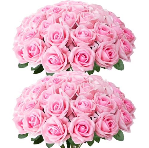 50Pcs Pink Roses Artificial Flowers with Stems，Fake Roses Bouquet Fake Flowers Bulk，Silk Velvet Roses for Wedding Centerpieces Arrangement Baby Shower Birthday Home Decor Gifts - color: Pink, size: 50