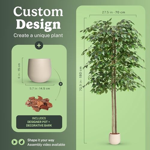 Maia Shop 2 Pack 6ft Artificial Ficus Tree Indoor - Tall Faux Plant with Natural Wood Trunk in Designer Pot with Wood Chips - Fake Plant for Home Office & Living Room Decor - color: Ficusx2, size: 6ft
