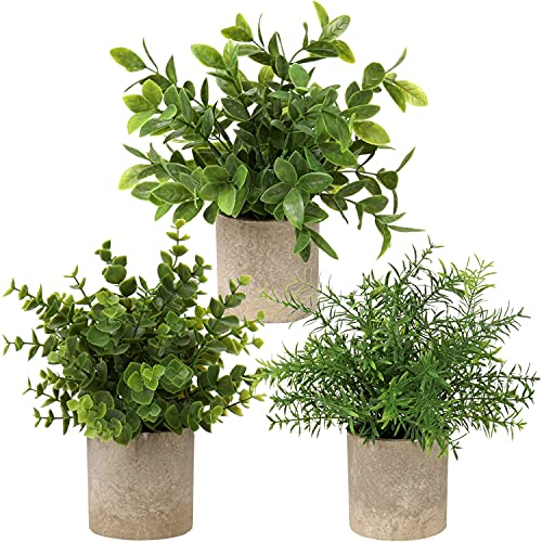 Briful Artificial Potted Plants Set of 3 Small Faux Plant Eucalyptus Mini Fake Plant Decor for Home Table Office Room Desk Bathroom Shelf Kitchen Rustic Farmhouse Mantel Decoration - color: 4-green