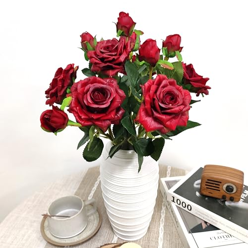 ATFL Fake Red Roses Flowers, 6 Pcs Faux Silk Real Touch Moisturizing Artificial Rose Flowers for Decoration DIY Wedding Party Home Office Decoration and Dining Table Centerpiece (6, red) - color: Red
