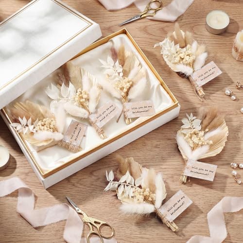 Suncalla 6 Pcs Bridesmaid Proposal Gifts Bouquets Mini 6 Inch Dried Flower Bouquets Will You Be My Bridesmaid Card for Bridal Shower Wedding Bachelorette Party Proposal Box(White,Boho) - color: White, style: boho