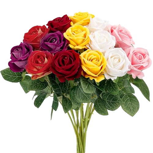 Auihiay 14PCS Mix Color Artificial Roses, Realistic Silk Fake Roses Flowers with Long Stem for Valentine's Day Gift, Baby Shower Centerpieces & Wedding Party Decor - color: Mix Color