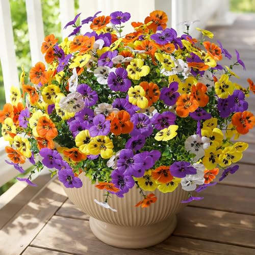 Alupssuc 24 Bundles Artificial Flowers for Outdoors, Fake Spring Flowers for Decoration, UV Resistant Realistic Pansies with Eucalyptus Silk Faux Flowers for Porch Yard, Purple Yellow White Orange - color: Purple, Yellow, White, Orange
