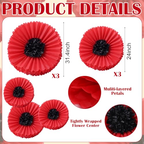 Giegxin 6 Pcs 31.5", 24" Giant Poppy Paper Flowers Wizard Party Decoration Large Red Poppies Veterans Patriotic Tissue Poppy Big Paper Flowers Decorations for Wall Memorial Day Halloween Birthday - color: Red,Black, size: 31.5", 24"