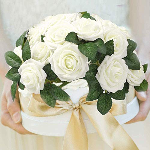 Higfra Artificial Flowers 25pcs Real Looking Fake Roses with Stems for DIY Wedding Bouquets Baby Shower Centerpieces Floral Arrangements Party Tables Home Decorations - color: Cream, size: 25Pcs