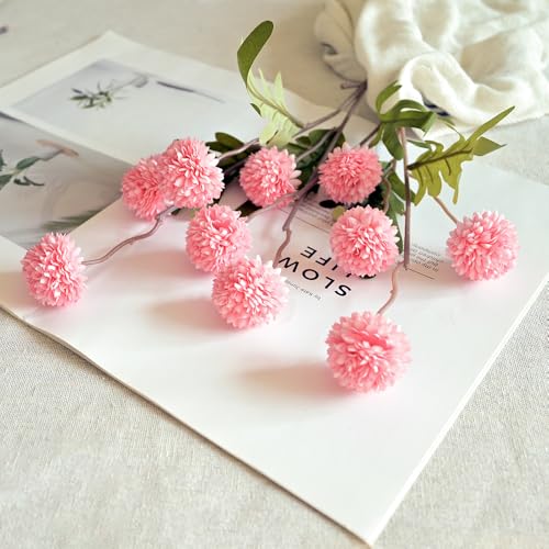 Laelfe 5Pcs Artificial Pompon Mum, Fake Kiku Flowers Silk Small Mini Chrysanthemum Ball Faux Mum Decor for Autumn Filler DIY Bouquet Centerpieces Arrangements Shower (Pink) - color: Light Pink