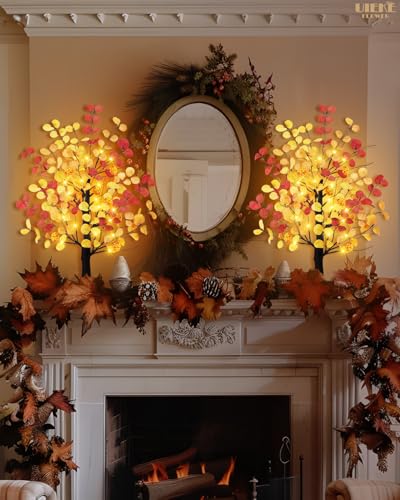 Uieke 24inch Artificial Fall Eucalyptus Tree 24 LED Prelit Tabletop Fall Tree with 6 Pumpkin Lights Battery Operated with Timer, Fall Decorations for Home Thanksgiving Halloween Decor - style: 24inch Fall Tree(1Pack)