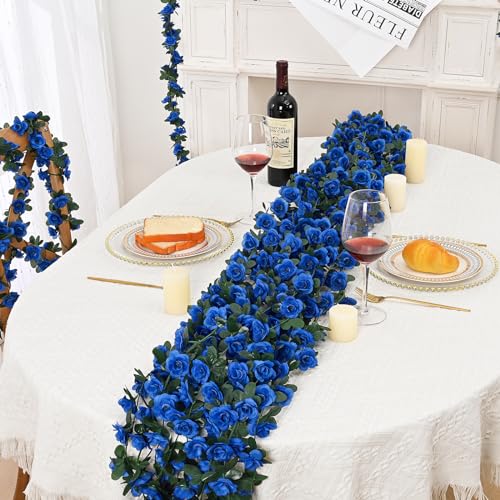 MARTINE MALL Flower Garland Rose Vines, 5 Strands 41Ft Flowers Vines for Bedroom, Rose Flower Garland Decoration, Sapphire Rose Floral Garland for Room Table Birthday Wedding Party Garden Wall Decor - color: Sapphire, size: 5 Packs