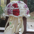 USIX Handcraft Popular Satin Rose Rhinestone Brooch Flower Pearl Bridal Holding Wedding Bouquet Wedding Flower Arrangements Bridesmaid Bouquet(Purple+Red) - color: Purple+red