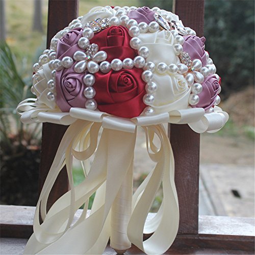 USIX Handcraft Popular Satin Rose Rhinestone Brooch Flower Pearl Bridal Holding Wedding Bouquet Wedding Flower Arrangements Bridesmaid Bouquet(Purple+Red) - color: Purple+red