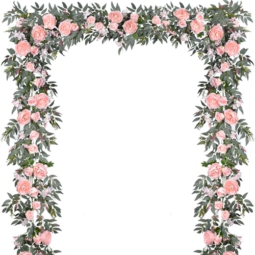 DearHouse 2Pack Artificial Peony Flower Garland - 6ft/Strand Silk Peony Flower Greenery Garland with Fake Willow Leaves for Wedding Ceremony Backdrop Party Table Centerpieces Decor (Pink) - color: Pink