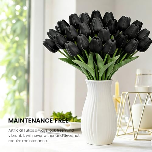 30 PCS Artificial Tulips Real Touch Tulips 13.5inch Long Stem Fake Flowers Silk Flowers for Spring Easter Mother's Day Decorations（Black） - color: Black