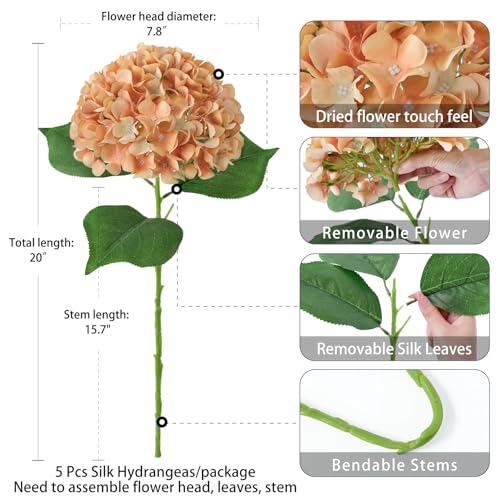 ZYTUYO 5 Pcs Peach Orange Silk Hydrangeas Artificial Flower Boho Dried Touch 20'' Faux Hydrangeas for Indoor Home Decor Kitchen Living Room Outdoor Porch Wedding Flower Arrangement - color: Peach Orange