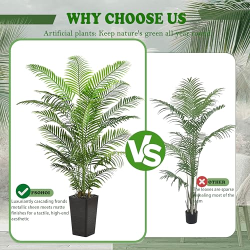 Artificial Palm Tree Indoor, 6FT Fake Floor Plants Large Tropical Silk Plant with Black Square Planter, Faux Areca Palm Plant Artificial Tree in Pot for Home Room Office Outdoor Patio Decor