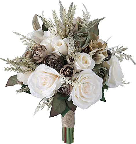 MOJUN Wedding Bouquet for Bride, Artificial Hand Made Rose Flower for Bridal Bridesmaids Romantic Wedding Bouquet for Wedding Valentine's Day Party Home Tables Decorations, Creamy - color: Cream Khaki Bouquet