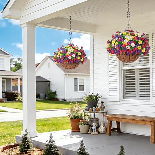 Ammyoo Artificial Fake Hanging Flowers with Basket, Faux Silk Morning Glory Flower Arrangement for Spring Summer Decor, Hanging Plant for Patio Garden Porch Outdoor Decor - color: Yellow White Purple Red