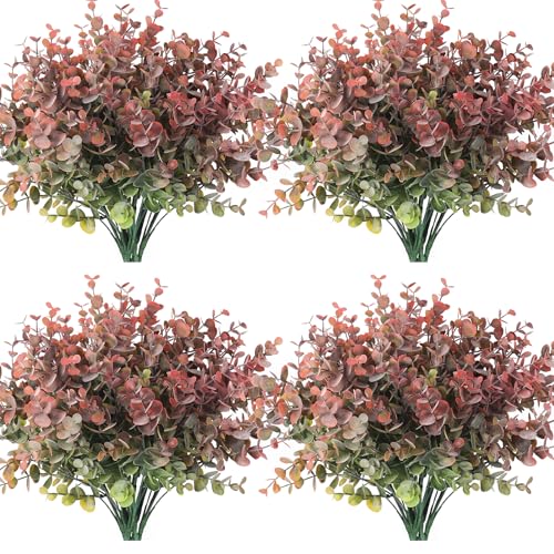 RECUTMS 12 Bundles Fake Bushes Artificial Plants Outdoor Faux Plant Eucalyptus Stems Fake Porch Plants for Summer Farmhouse Bathroom Office Vase Centerpiece Graduation Wedding Party Decor(Dusty Red) - color: Dusty Red, size: 12 Pcs